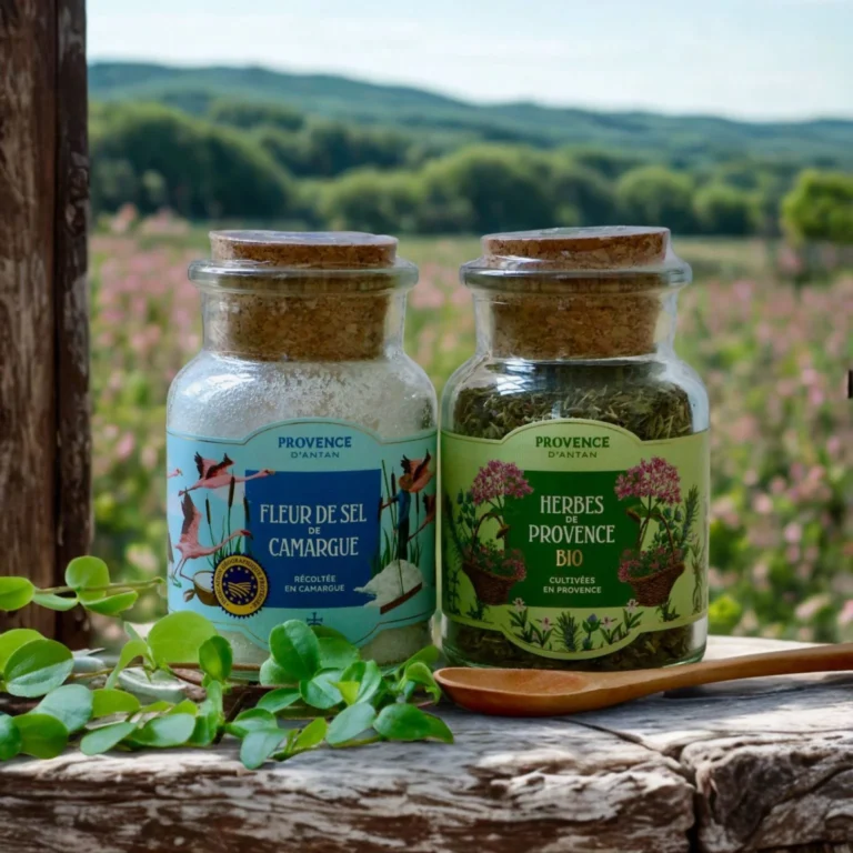 Coffret duo Provence d'Antan composé de deux pots en verre à bouchon de liège : fleur de sel de Camargue et herbes de Provence bio, posés sur une planche en bois dans un paysage provençal fleuri.